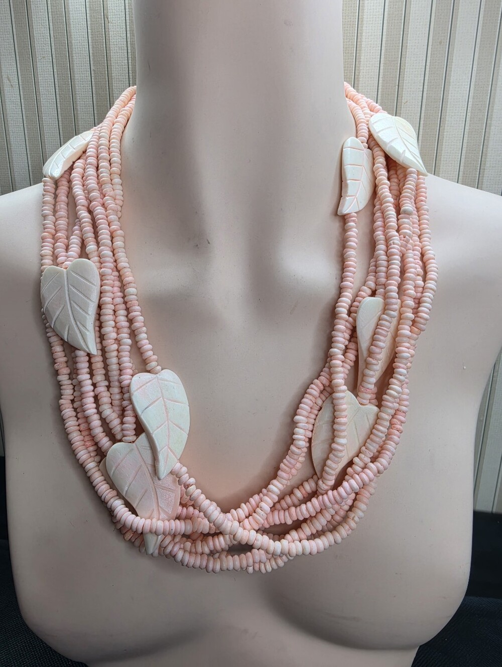 Carved Bone Leaf 8-Strand Pink Beaded Statement Necklace 22" Boho Tropical